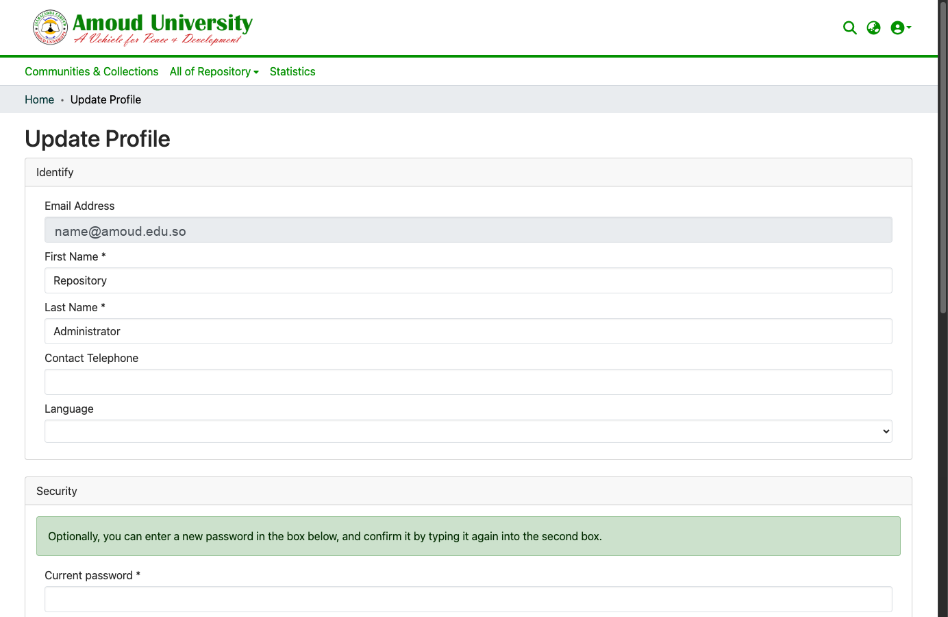 The profile page with the identity fields and password section