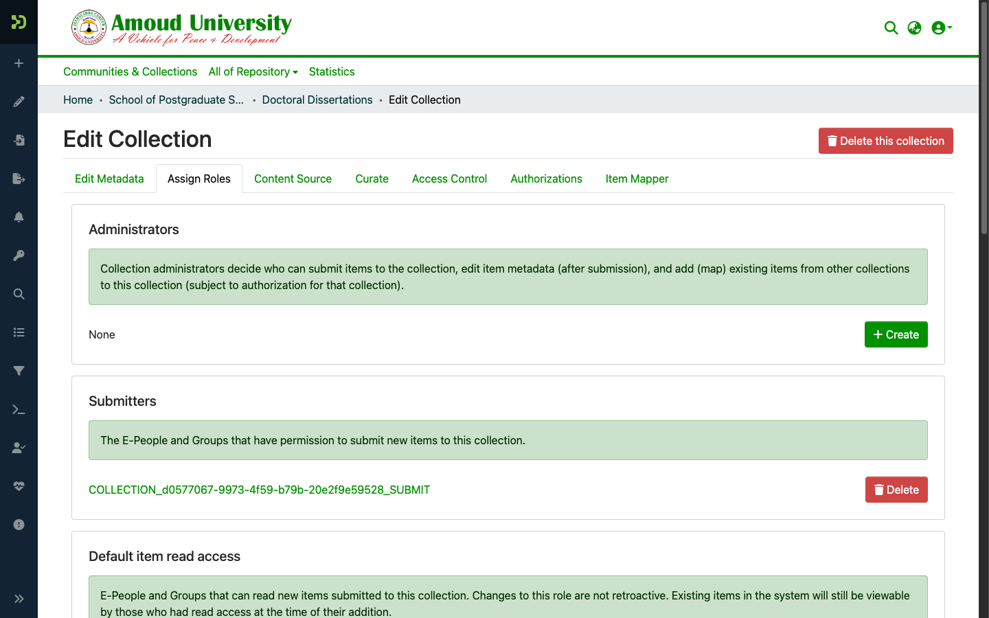 A collection's "Assign roles" page showing the Submitters and Reviewers roles