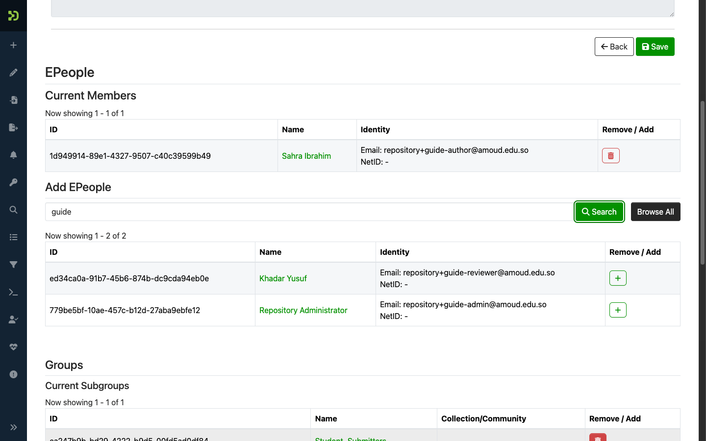 A group's edit page: Current Members plus the Add EPeople search with + / remove controls