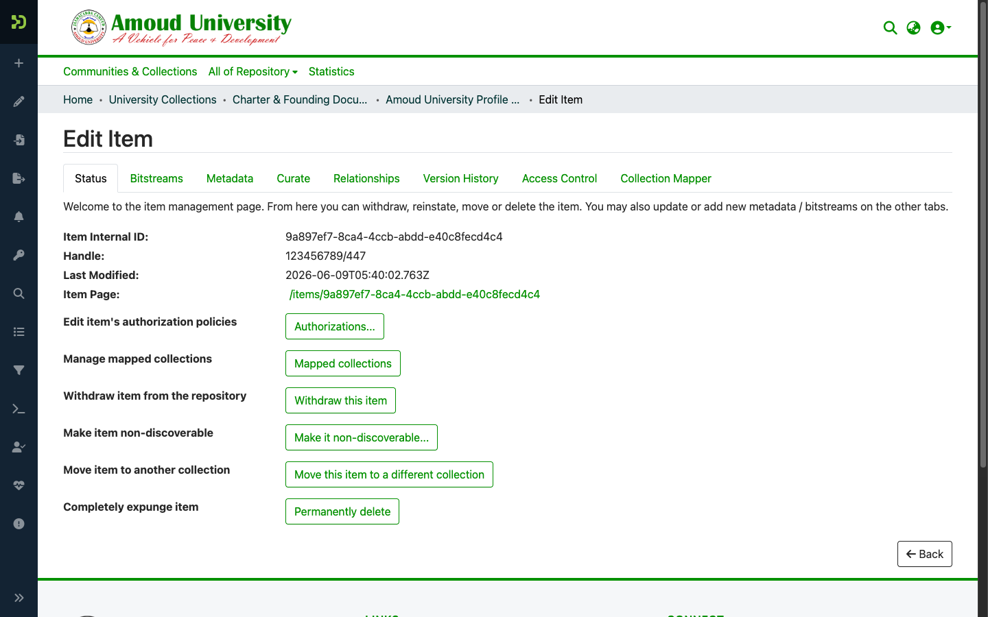The item Edit page, Status tab, showing withdraw, move, and delete actions