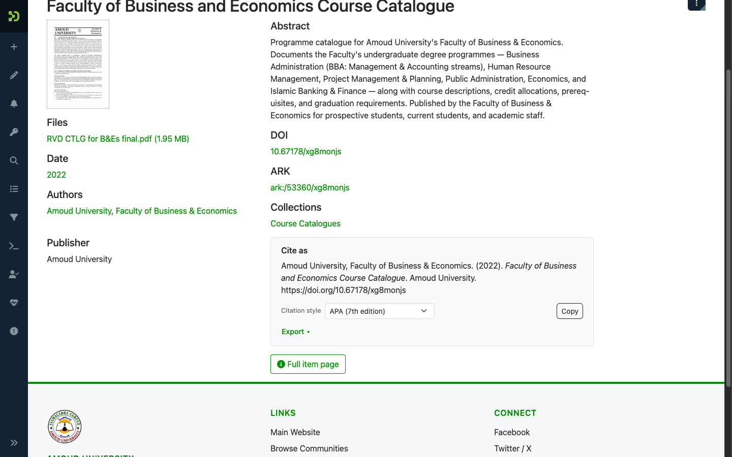 An item page showing its DOI (primary) and ARK (fallback) identifiers