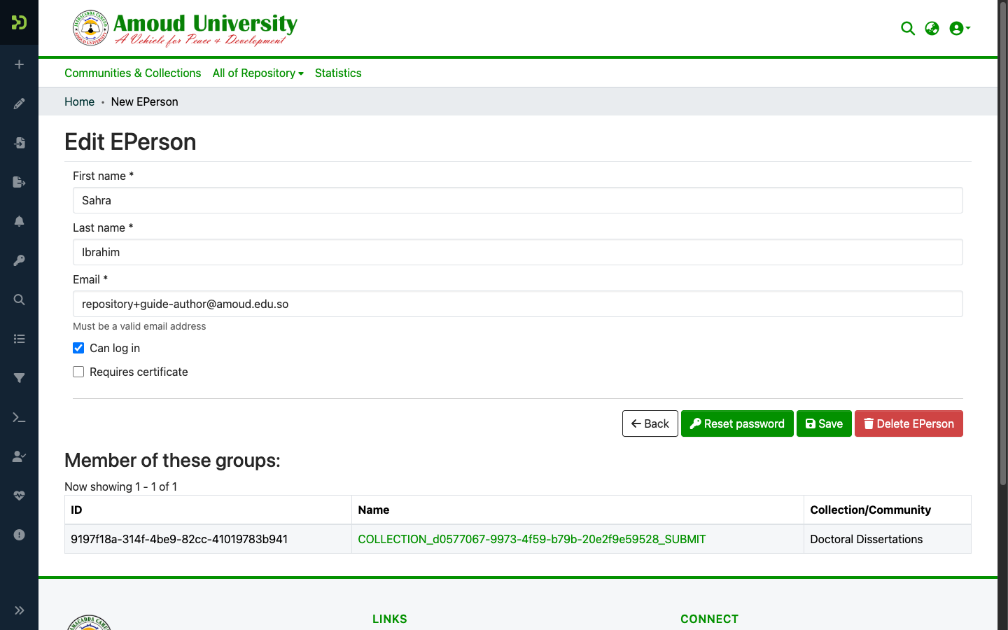 The Edit EPerson page — name, email, login flags, password reset, delete, and group membership