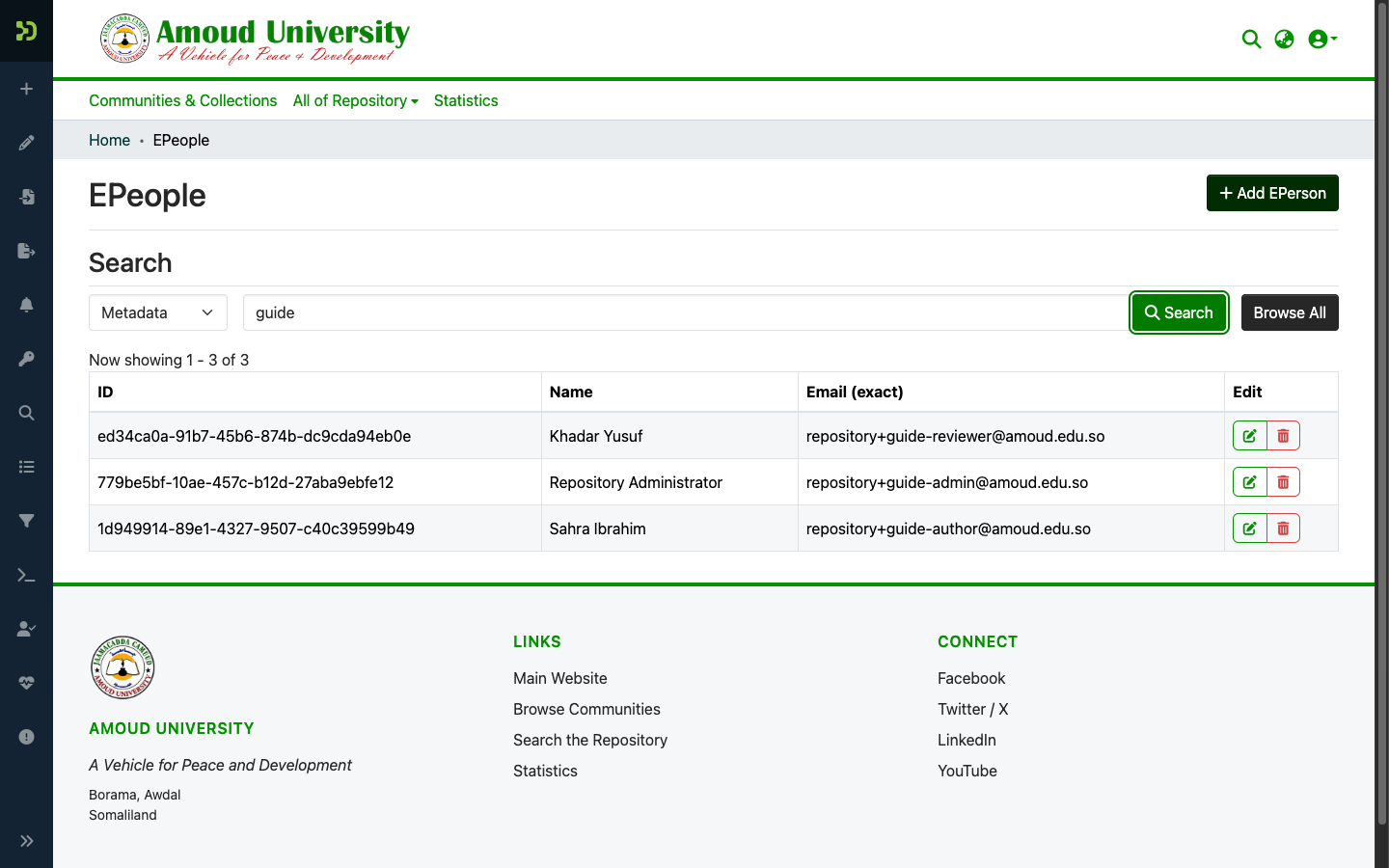The People (EPeople) admin page with a search filtered to the example accounts