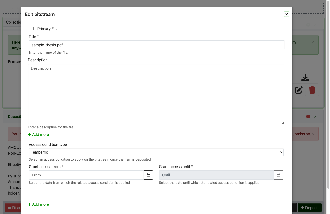 The Edit bitstream panel with Access condition type set to embargo and the Grant access date fields