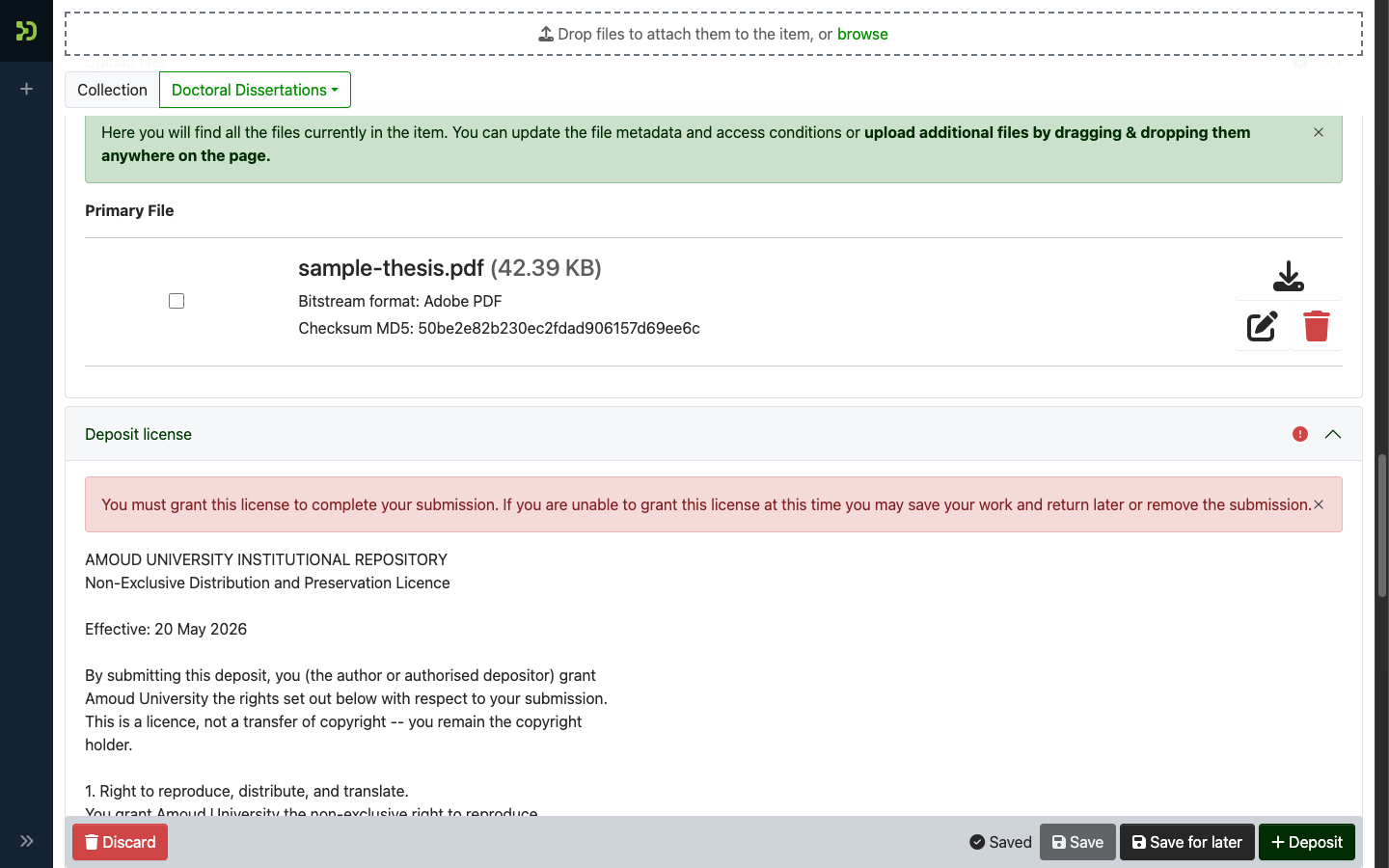 The Deposit license section with the "I confirm the license above" checkbox