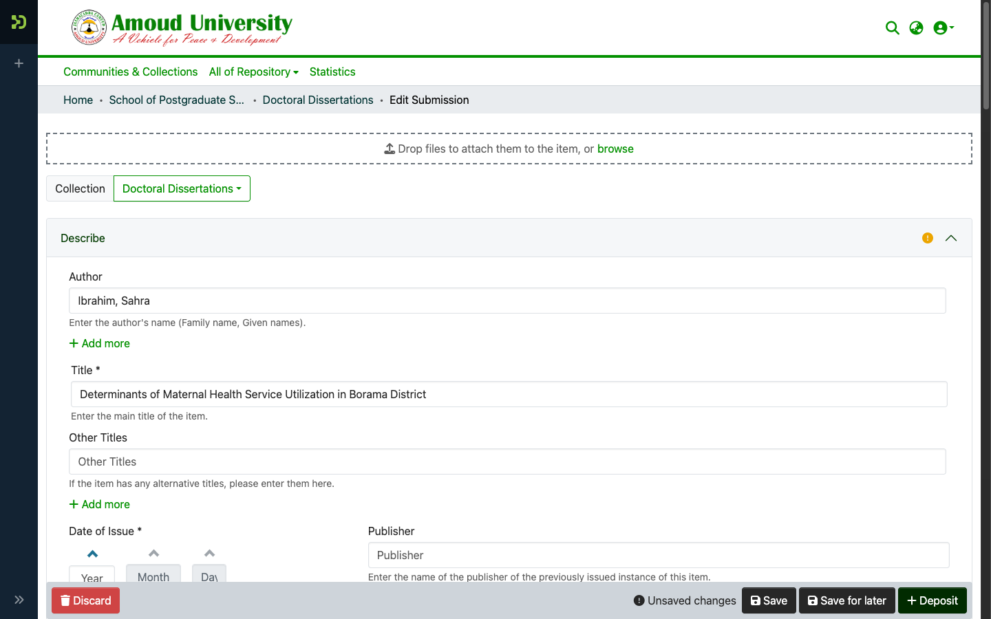 The Describe step of the submission form, showing the Author, Title, and Date of Issue fields