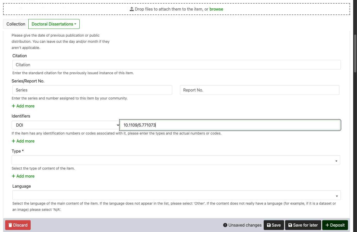 The Identifiers field with DOI chosen and a DOI value entered