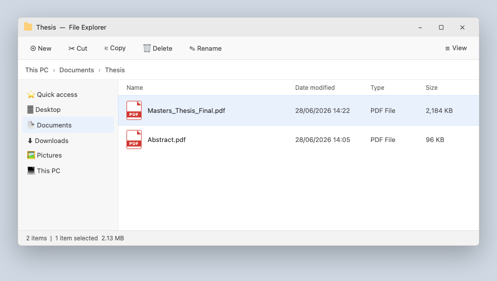 A PDF file ready in a folder on a Windows computer
