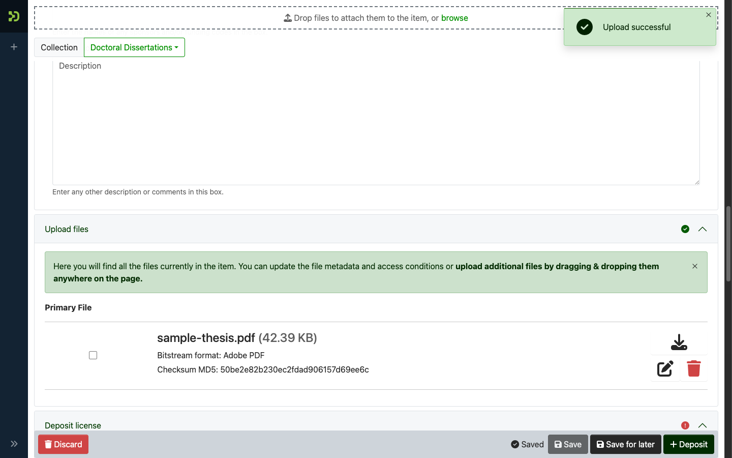 The Upload files step with a PDF added to the item