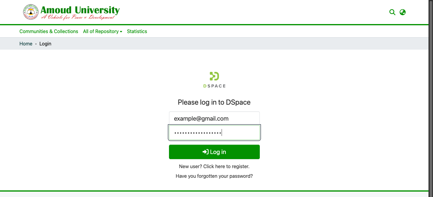 The DSpace login form with the Email and Password fields and the green Log in button