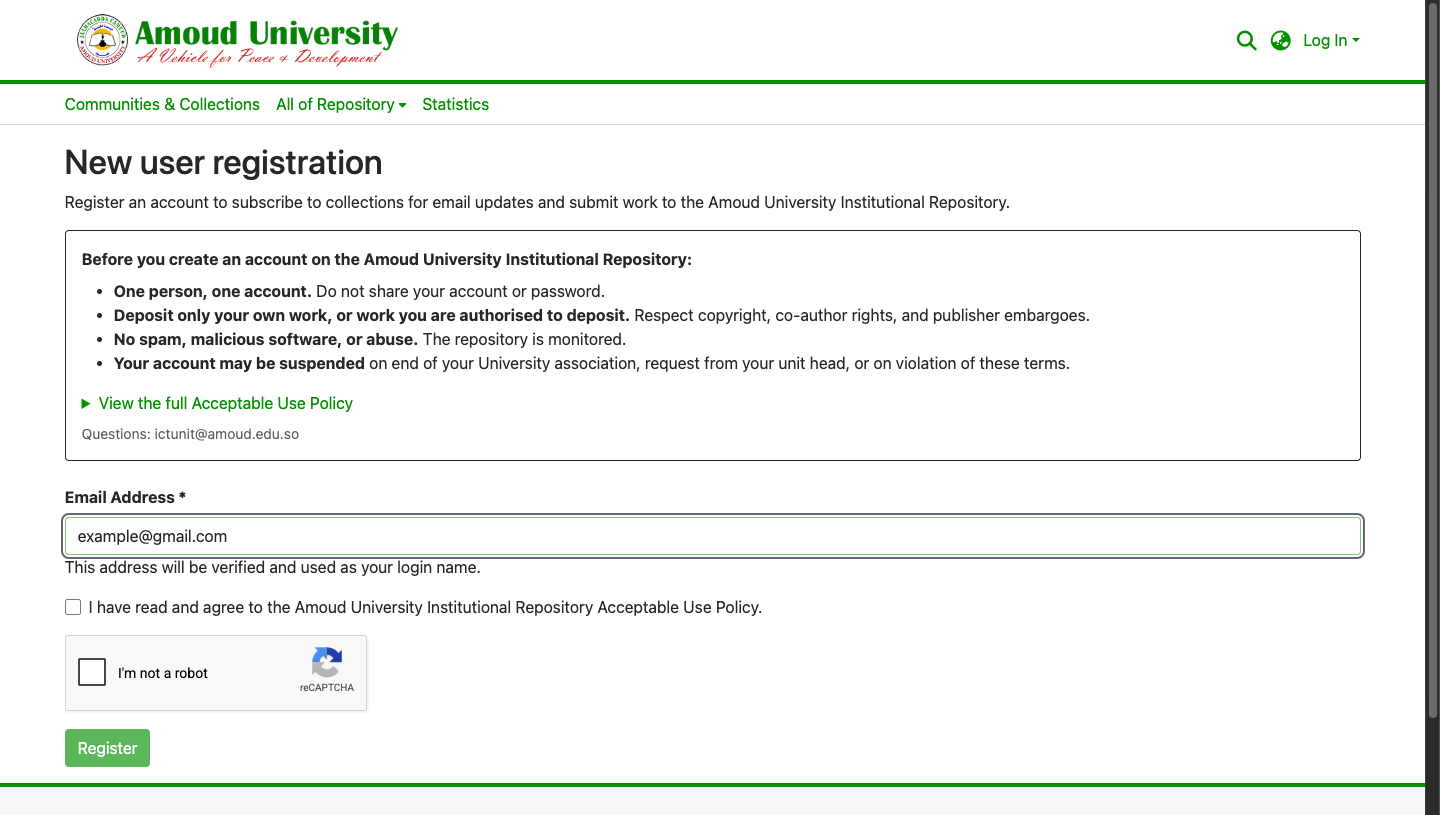 The New user registration page: the Acceptable Use Policy summary, the email field, the agreement and "I'm not a robot" checkboxes, and the Register button