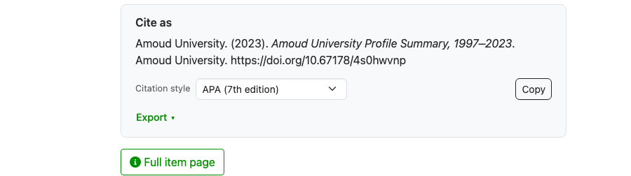 The Cite-as panel: citation, style selector, Copy, and Export