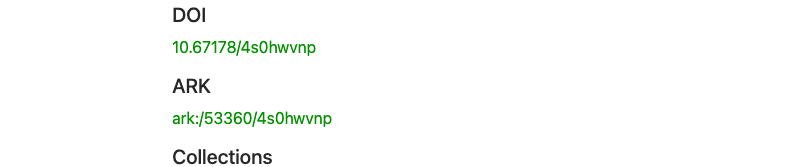 The DOI and ARK shown on an item page