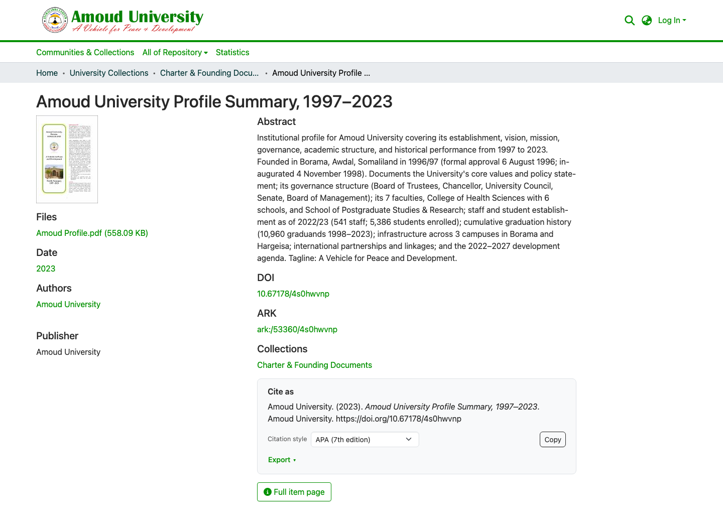 A repository item page: title, files, abstract, DOI/ARK, and the Cite-as panel