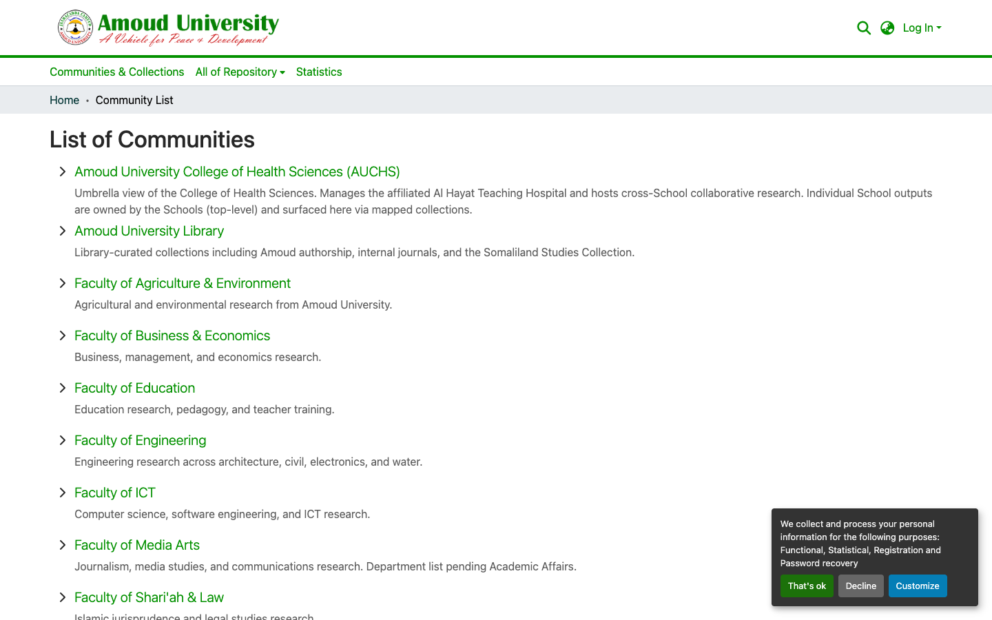 The Communities & Collections list, used to find the target collection