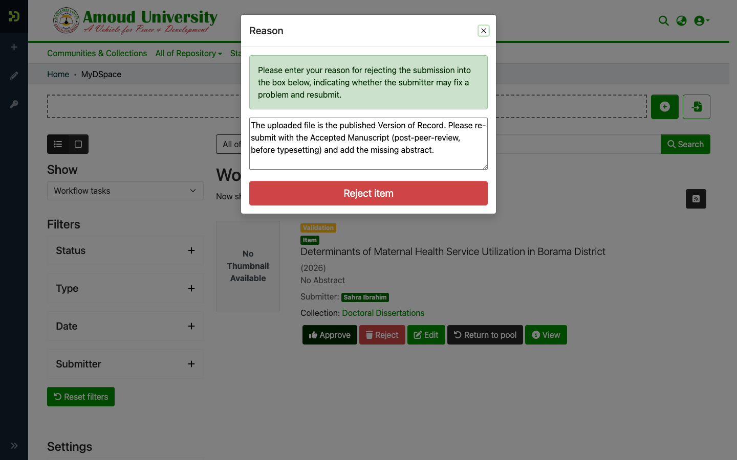The Reject dialog with its reason box