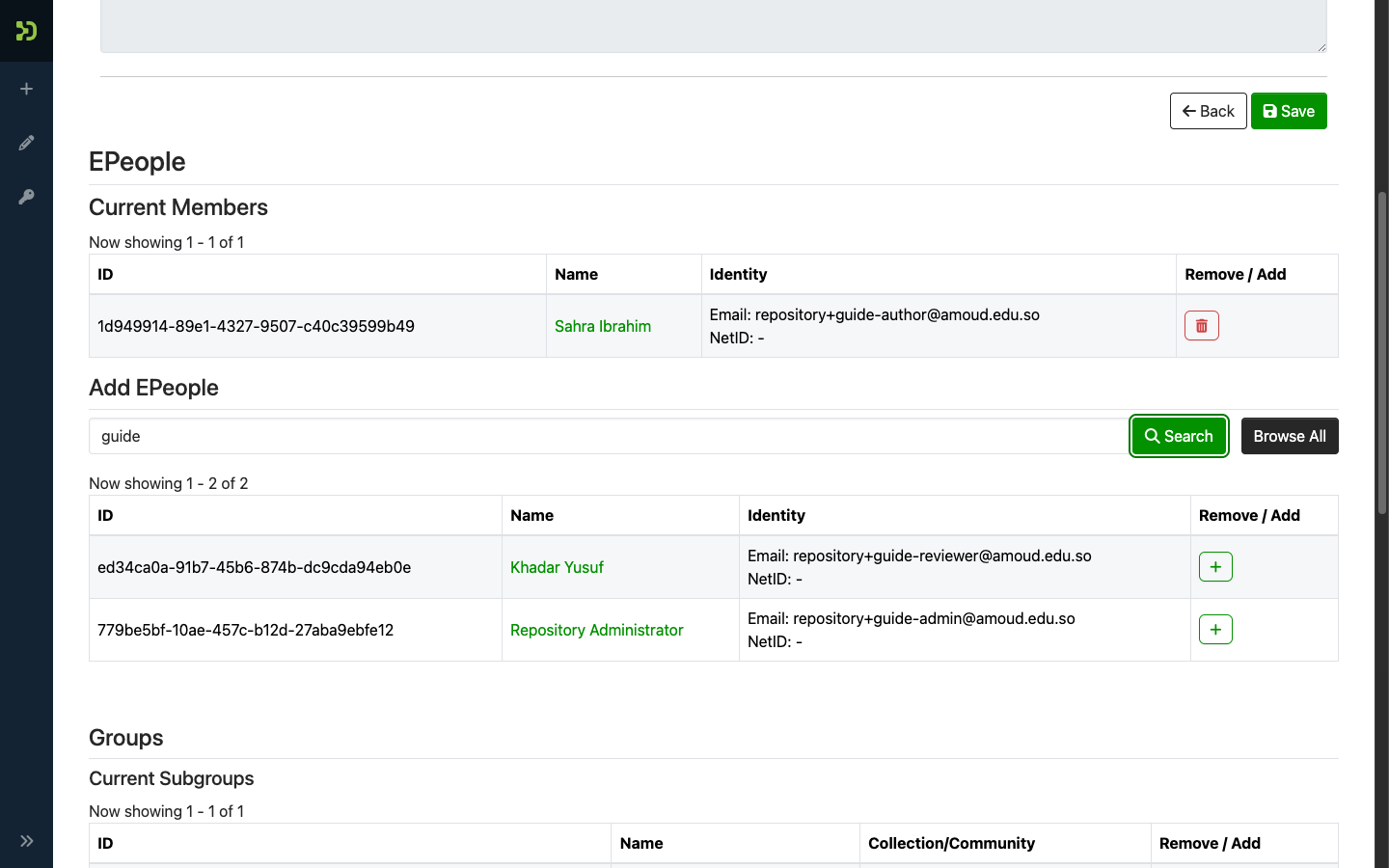 Adding a person to a collection's Submitters via the Add EPeople search