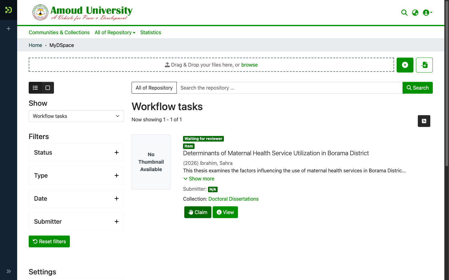 MyDSpace "Workflow tasks" view showing a pooled submission